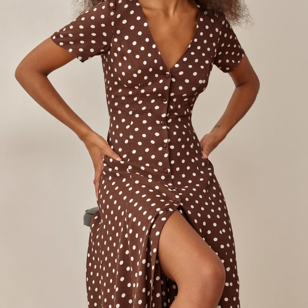 Reformation Brown and White Polka Dot Midi Dress